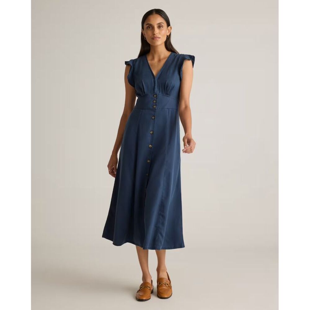 Quince Navy Blue Button-Front Midi Dress